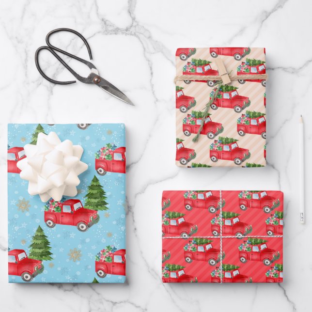 Kleines rotes Auto mit Weihnachtsbaum Geschenkpapier Set (Vorderseite)