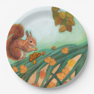 Kleines Rotes Eichhörnchen isst Hazelnüsse Illustr Pappteller