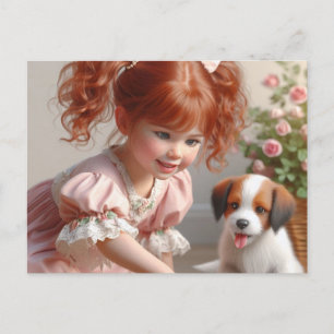Kleines Rotes Mädchen mit ihrem Welpen Postkarte
