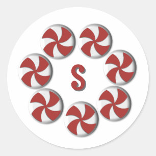 Kleines rotes und weißes Pfefferminz-Monogramm für Runder Aufkleber