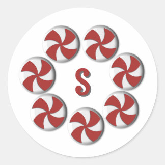 Kleines rotes und weißes Pfefferminz-Monogramm für Runder Aufkleber