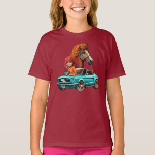Kleines Rotkopfmädchen mit Mustang Car Pony Pferd T-Shirt