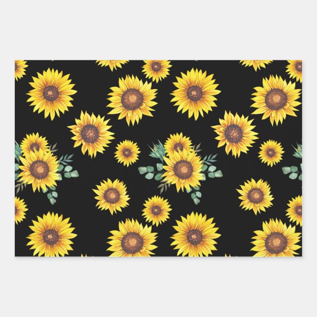 Kleines Sonnenblumenmuster auf schwarzem Hintergru Geschenkpapier Set (Vorderseite)