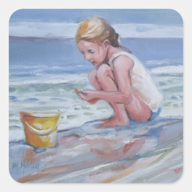 Kleines Strandmädchen mit gelbem Eimer Quadratischer Aufkleber (Vorderseite)