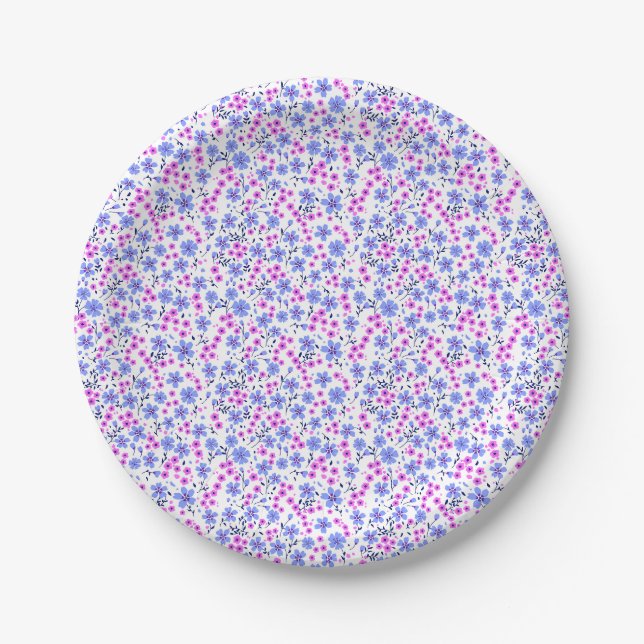 Kleines süßes weißes blaues rosa Blumenmuster Pappteller (Vorderseite)