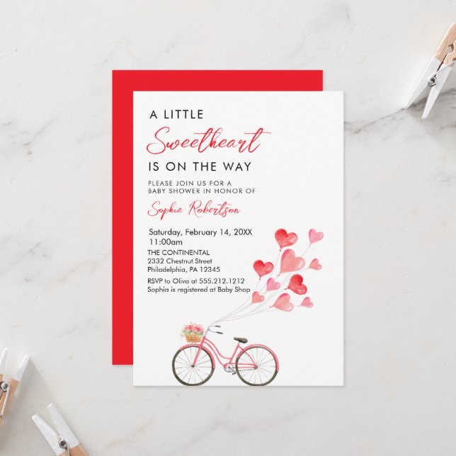 Kleines Sweetheart Fahrrad Valentine's Baby Shower Einladung (Vorderseite/Rückseite Beispiel)