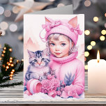 Kleines Vintages Mädchen und süße Kätzchen Weihnac Karte<br><div class="desc">Hübsche Weihnachtskarte mit Aquarellfarbe. Adorable kleine Vintage Mädchen in Wintermütze mit Katzenohren mit einem kleinen,  grau gestreiften Kätzchen.</div>