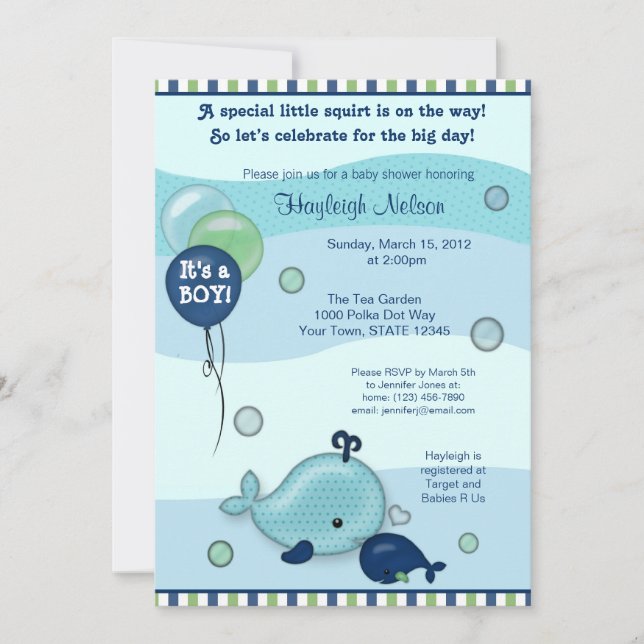 Kleines Whale Baby und Mommy Kiss Baby Dusche Einladung (Vorderseite)
