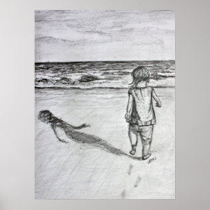 Kleinkind auf dem Beach Pencil Zeichnend Kunstdruc Poster