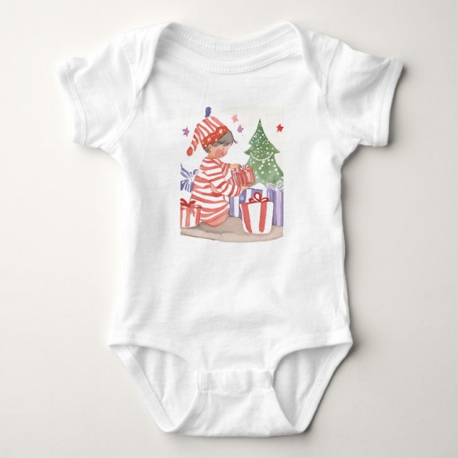 Kleinkind, das Weihnachtsgeschenke eröffnet Baby Strampler (Vorderseite)