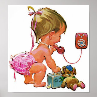 Kleinkind im Retro-Telefon Poster