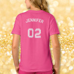Kleinkind Teen Girl Name Jersey Nummer Pink Sport T-Shirt<br><div class="desc">Erstellen Sie Ihre eigene personalisierte, coole, unisex Größenordnung, moderne, stilvolle weiße Typografie / Schriftart / Drehbuch, mit Monogramm Spielername Jersey Nummer pink, vorschrumpfen 100% ComfortSoft® weiche Baumwolle T - Shirt T-Shirt. Geben Sie einfach Ihren Namen / Kids Name / Player Name und Spieler Jersey Nummer, um Ihre persönlichen Wünsche zu...</div>