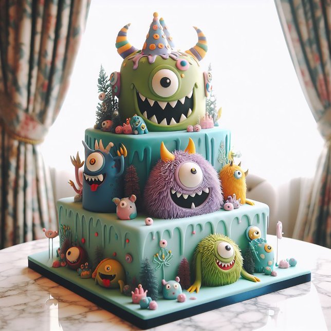 KLEINMONSTERN DEKORIERTER KINDERGEBURTSTAG CAKE KARTE (Von Creator hochgeladen)