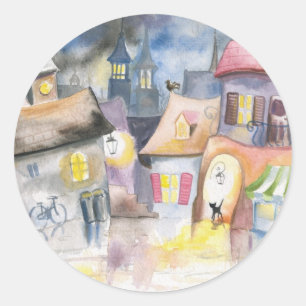 Kleinstadt nachts runder aufkleber