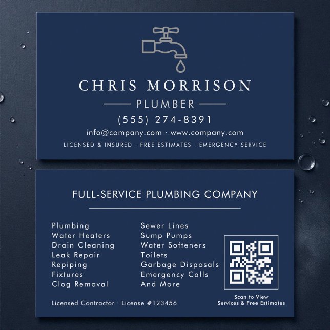 Klempner Navy Blau Silber QR-Code Visitenkarte (Von Creator hochgeladen)