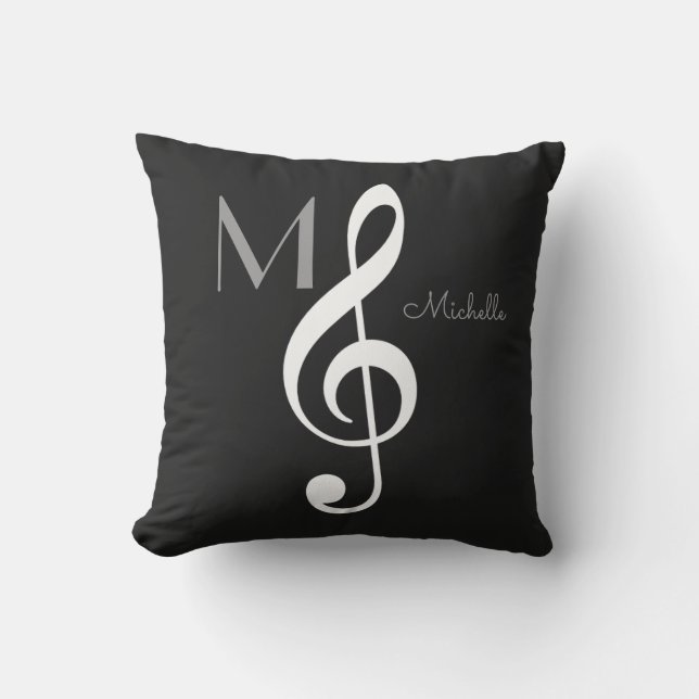 Klettband-Musiknote, schwarz, monogramm Kissen Für Draußen (Vorderseite)