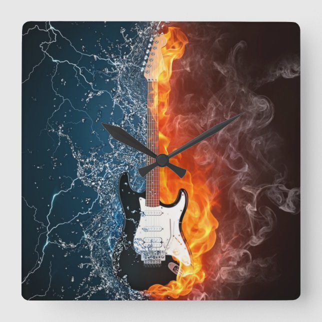 (KLICKEN)FEUER UND ICE-GITAR QUADRATISCHE WANDUHR (Vorderseite)