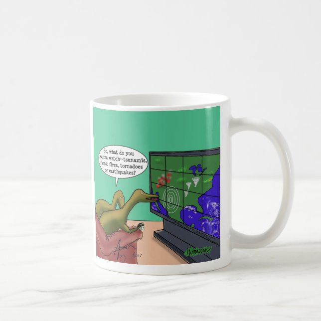 Klimawandel Dinosaurier Parody-Cartoon Kaffeetasse (Rechts)