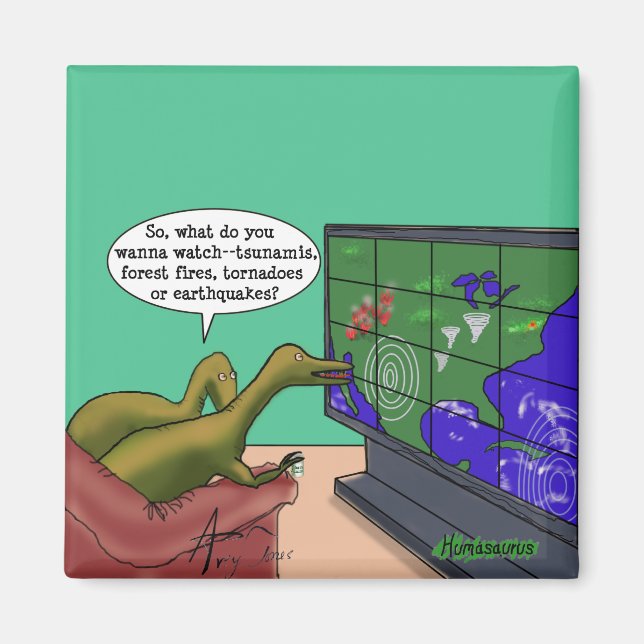 Klimawandel Dinosaurier Parody-Cartoon Magnet (Vorne)