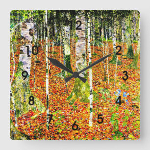 Klimt - Birchwald, Gemälde von Gustav Klimt Quadratische Wanduhr