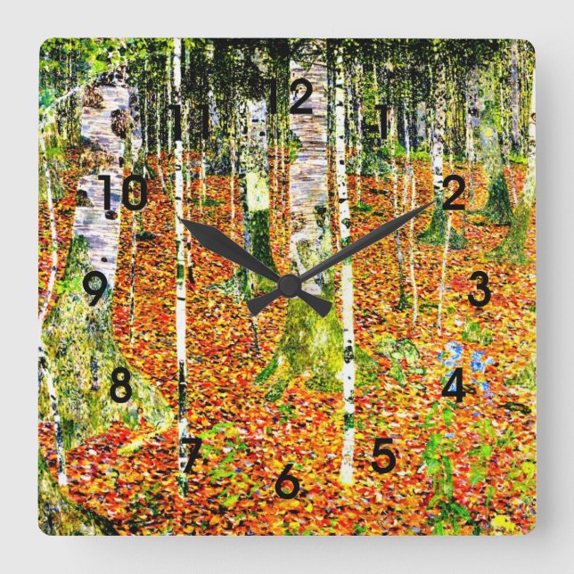 Klimt - Birchwald, Gemälde von Gustav Klimt Quadratische Wanduhr (Vorderseite)