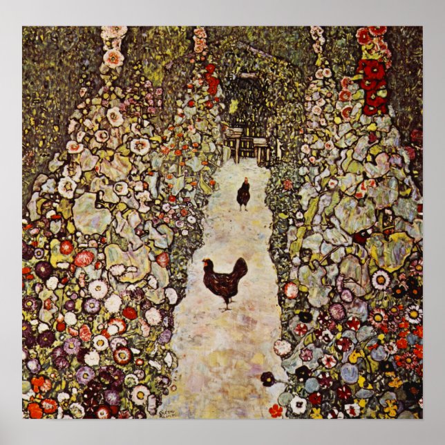 Klimt Garden mit Roosters Poster (Vorne)