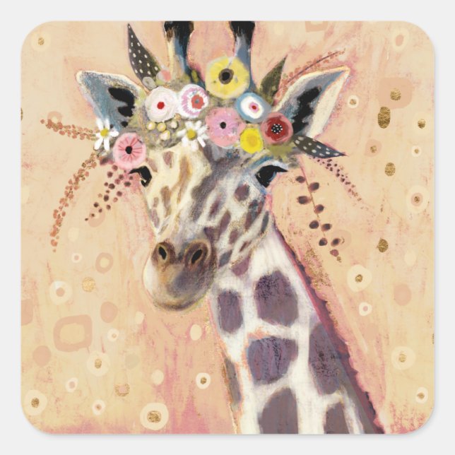 Klimt Giraffe | In Blume verziert Quadratischer Aufkleber (Vorderseite)