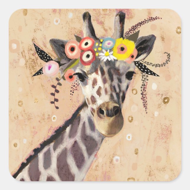 Klimt Giraffe | Krone der Blume Quadratischer Aufkleber (Vorderseite)