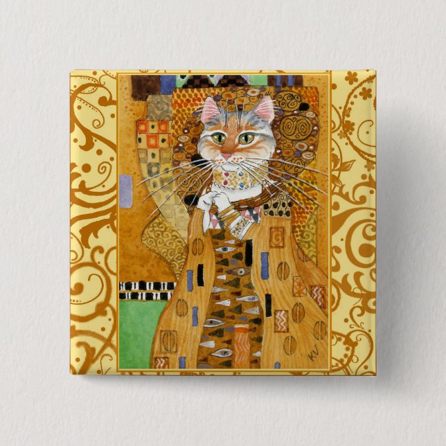 Klimt Katze in Goldquadrat pinback Button (Vorderseite)