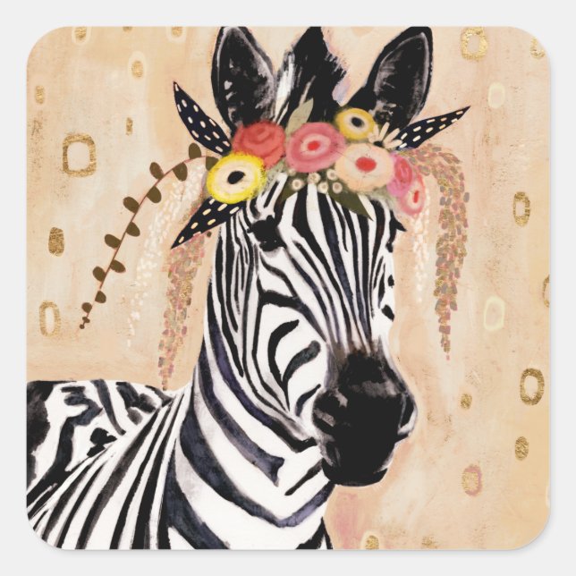 Klimt Zebra | Krone der Blume Quadratischer Aufkleber (Vorderseite)