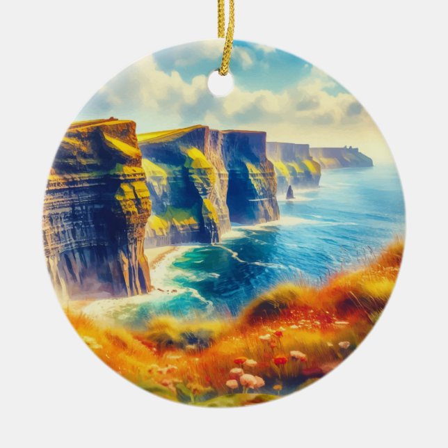 Klippen von Moher Ireland Wasserfarbe Keramik Ornament (Vorne)