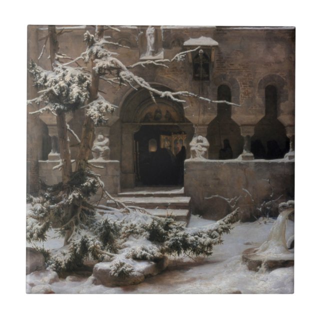 Kloster im Winterschnee (von Karl Lessing) Fliese (Vorderseite)