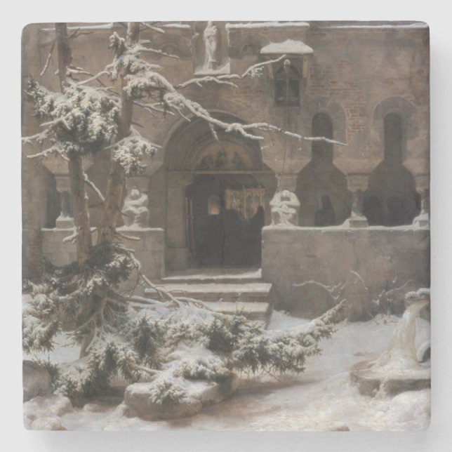 Kloster im Winterschnee (von Karl Lessing) Steinuntersetzer (Vorderseite)
