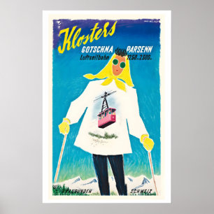 Klosters Gotschna Parsenn Luftseilbahn Vintage-Ski Poster