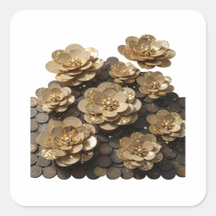 Knackiges Silber GOLDENE BLUMEN Dekor Design Quadratischer Aufkleber
