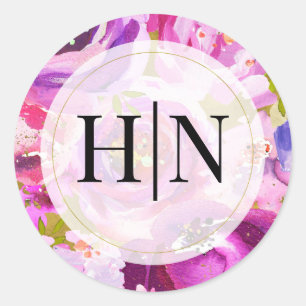 Knallige rosa und violette florale Hochzeit Runder Aufkleber