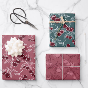 Knallrosa & Kirschrot & Türkis Weibliche Kirschen Geschenkpapier Set