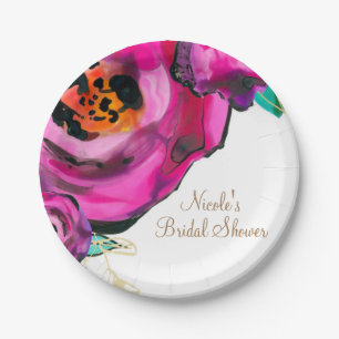 Knallrosa moderne florale Aquarell-Hochzeitfeier Pappteller