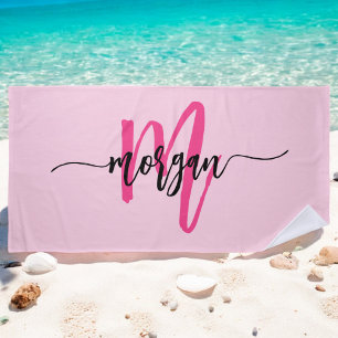 Knallrosa moderne Schriftart weibliches Monogramm  Strandtuch