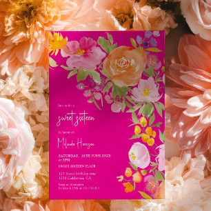 Knallrosa romantische Sommerblumen Sweet Sixteen Einladung