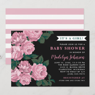 Knallrosa Rose Schwarze Babyparty für Mädchen Einladung