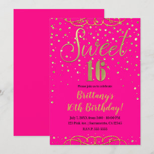 Knallrosa und Gold Glitter Moderne Sweet 16 Party Einladung