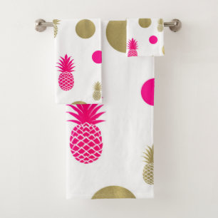 Knallrosa und goldene Punkte und Ananas Lustiger S Badhandtuch Set