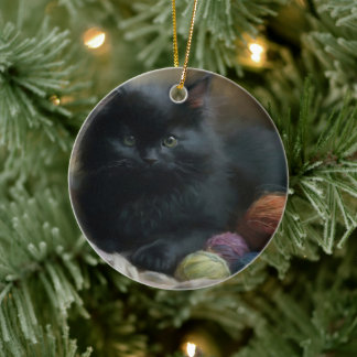 Knetbegleiter Black Kitten mit Garn Keramik Ornament