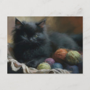 Knetbegleiter Black Kitten mit Garn Postkarte