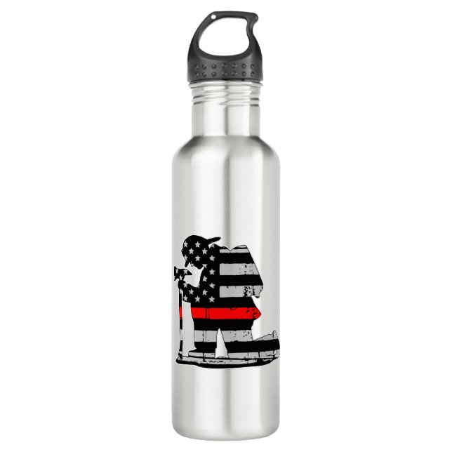 Knienfeuerwehrmann-dünn rote Linie Edelstahlflasche (Vorderseite)