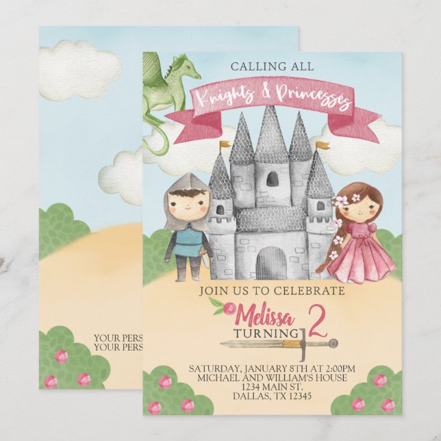 Knight and Princess Birthday Party Einladung Girl (Vorne/Hinten)
