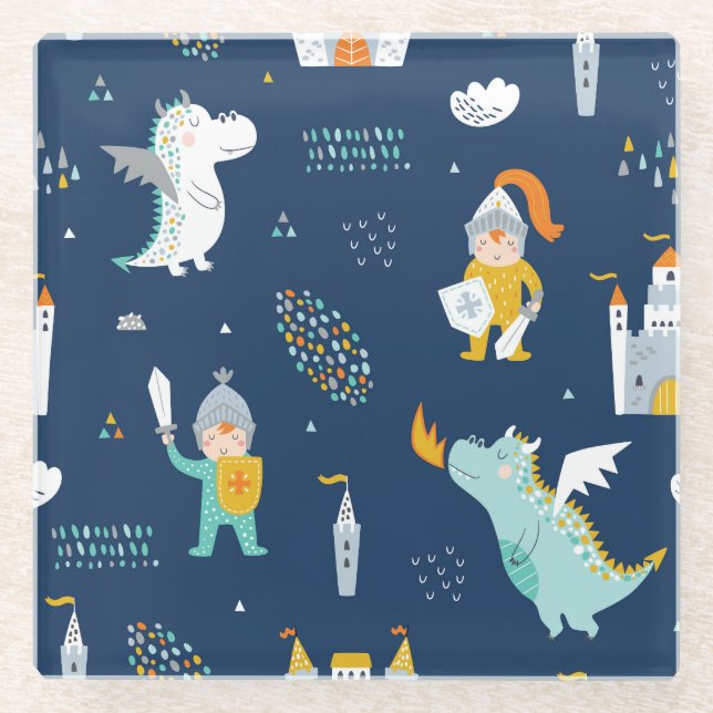 Knight Dragon Castle Childish Pattern Glasuntersetzer (Vorderseite)