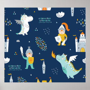 Knight Dragon Castle Childish Pattern Poster