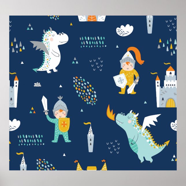 Knight Dragon Castle Childish Pattern Poster (Vorne)